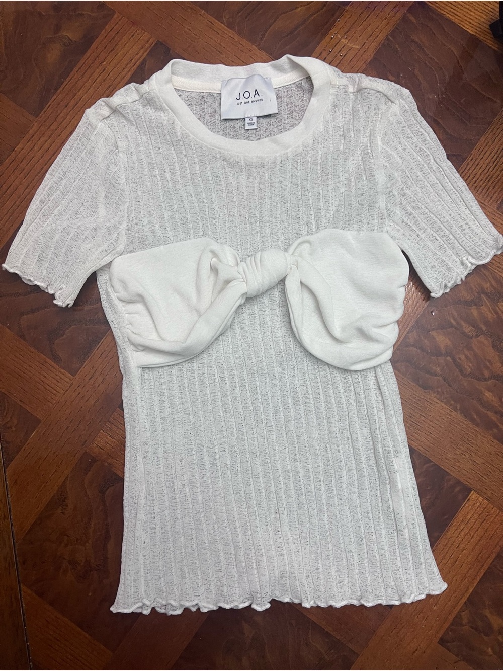 J.O.A. Cream Ribbed Knit Top with Front Bow